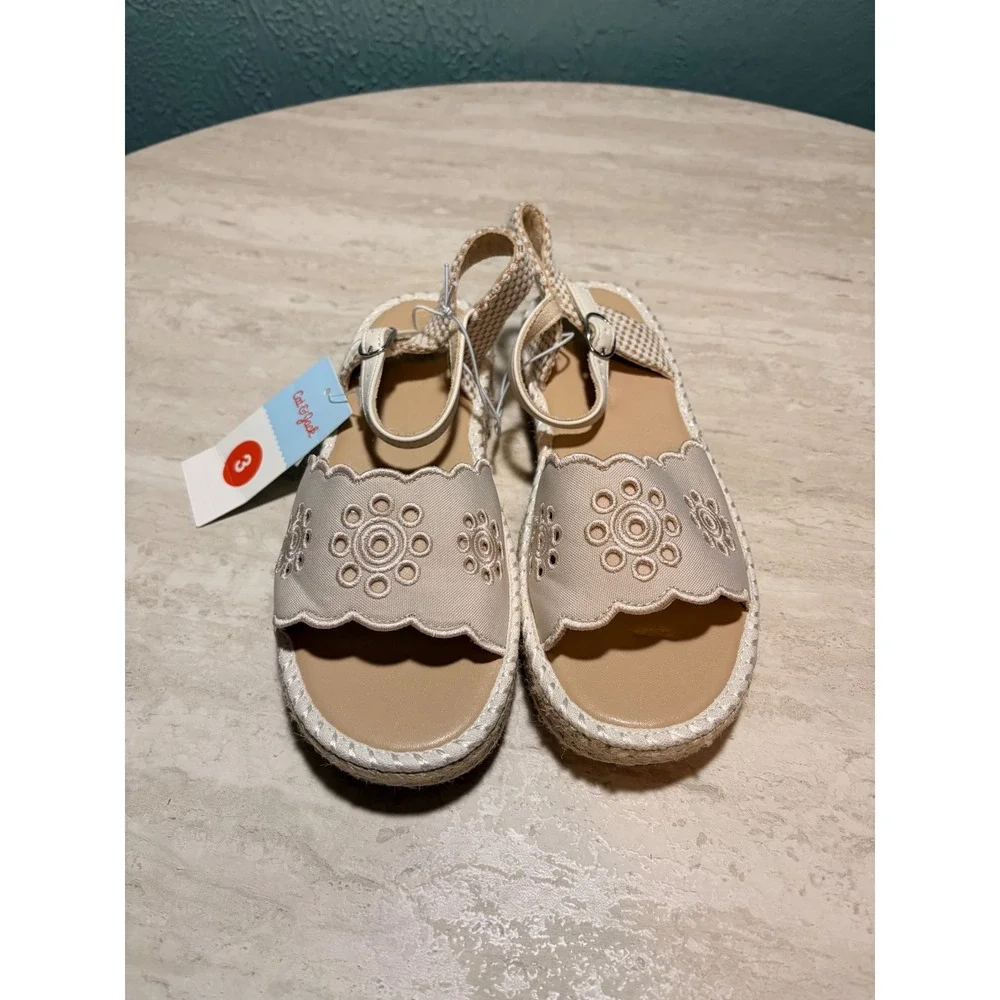 Cat & Jack Girls Beige Eyelet Scalloped Espadrille Platform Sandals Size 3 NWT